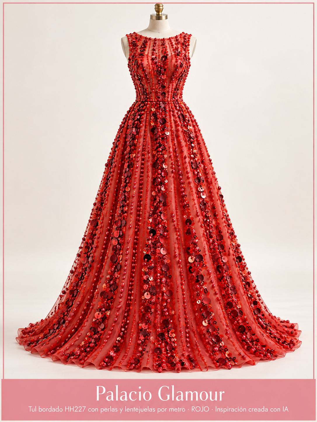 Tul bordado HH227 con perlas y lentejuelas por metro ROJO · Vestido de inspiración creado con IA