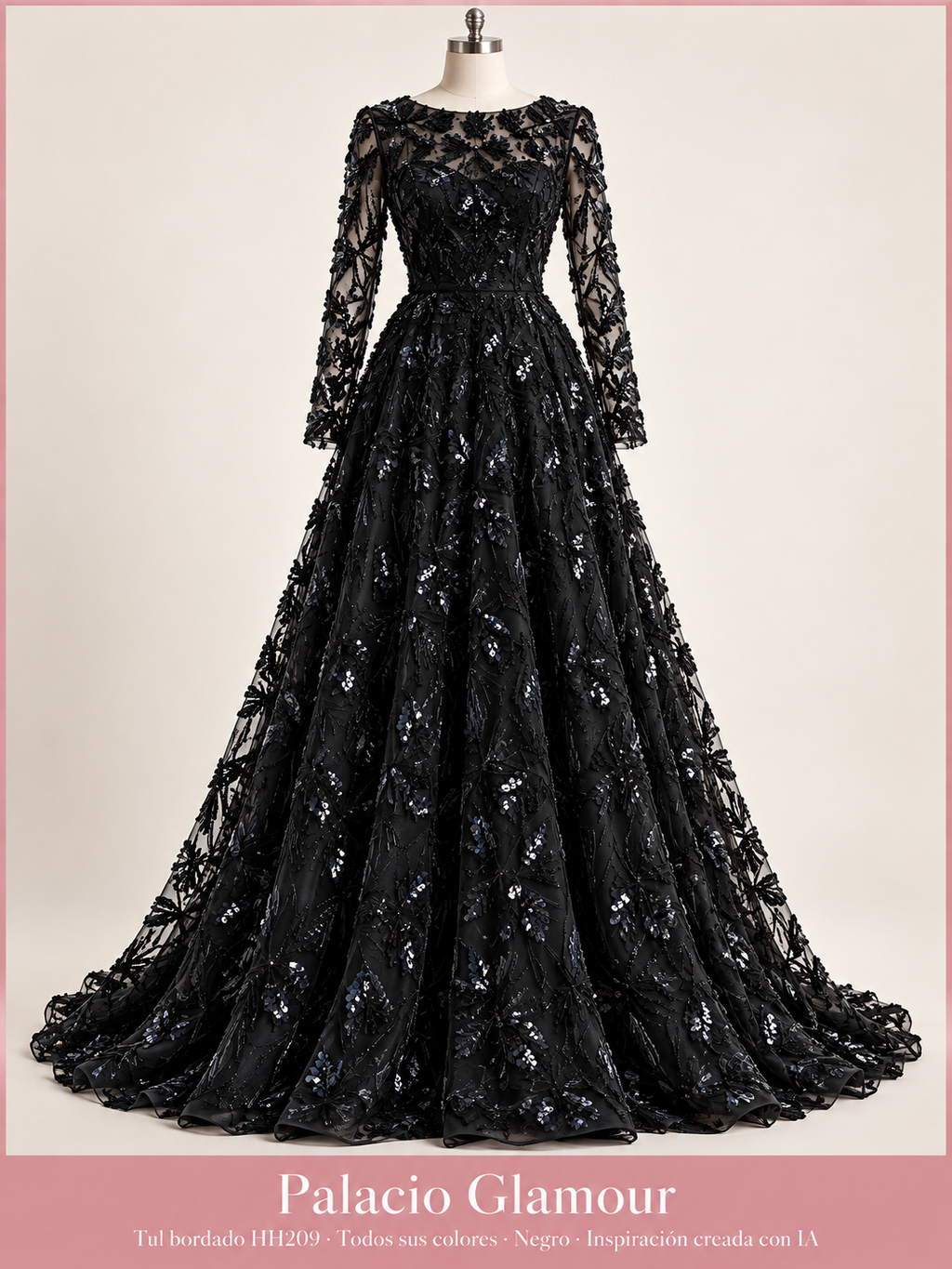 Tul bordado HH209 · Todos sus colores Negro · Vestido de inspiración creado con IA