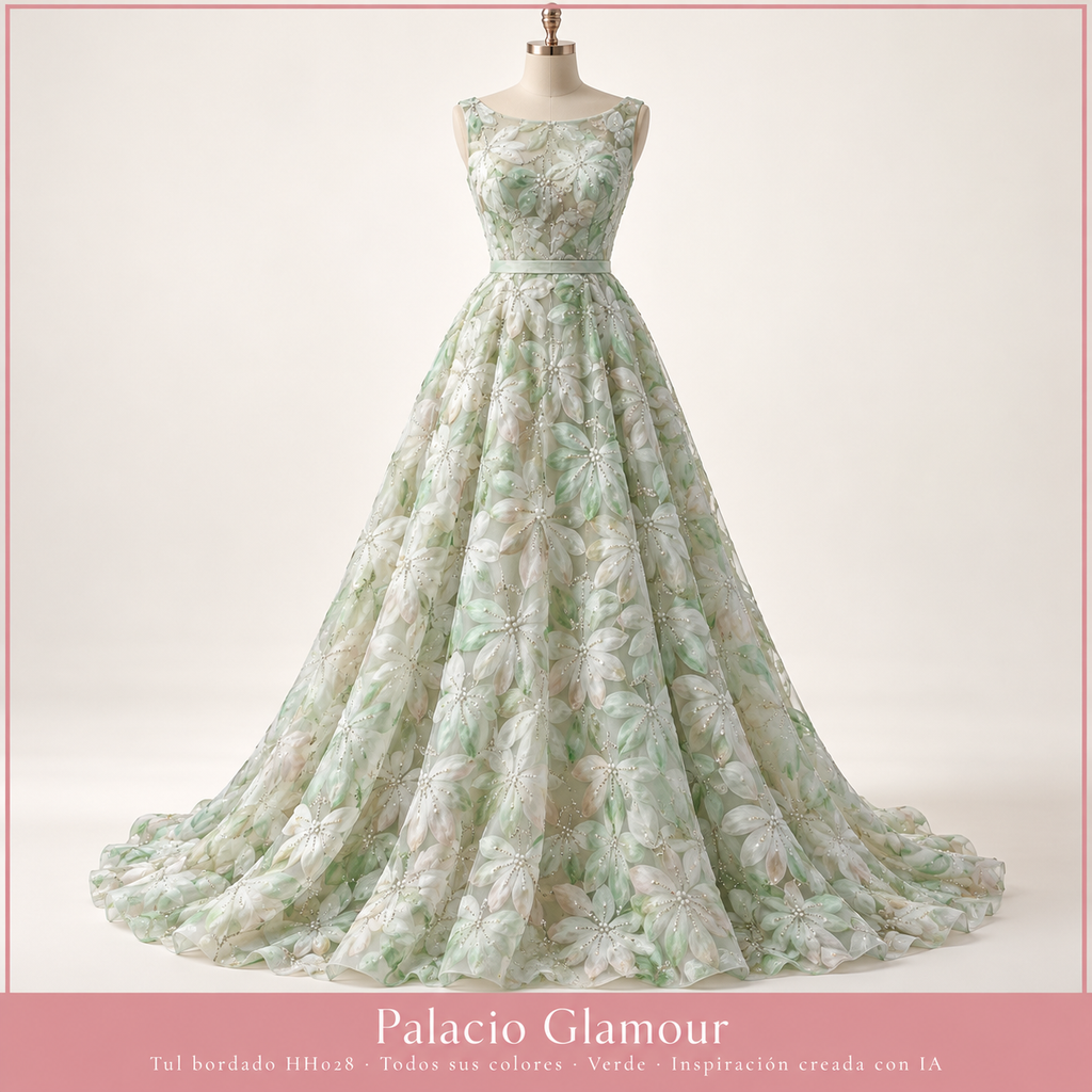 Tul bordado HH028 · Todos sus colores Verde · Vestido de inspiración creado con IA