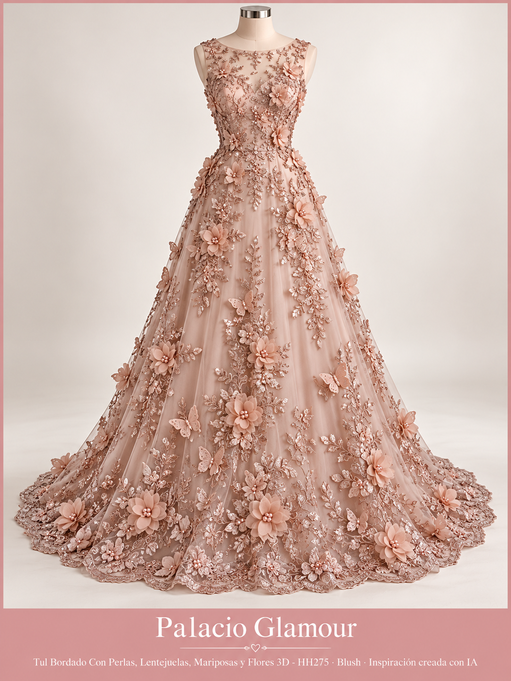 Tul Bordado Con Perlas, Lentejuelas, Mariposas y Flores 3D - HH275 Blush · Vestido de inspiración creado con IA