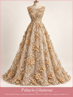 Tul Bordado Con Perlas, Lentejuelas, Mariposas y Flores 3D - HH275 Oro · Vestido de inspiración creado con IA