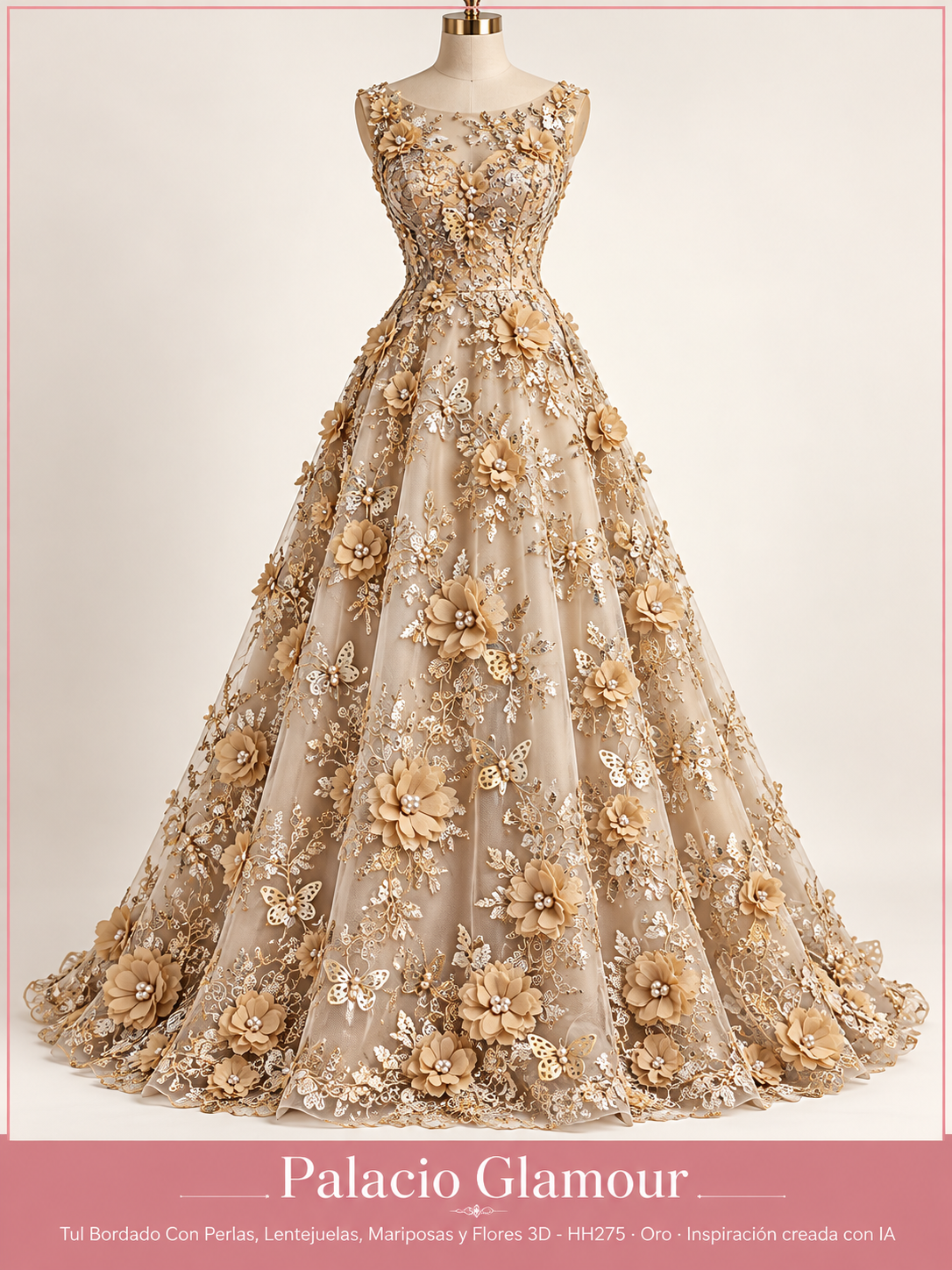 Tul Bordado Con Perlas, Lentejuelas, Mariposas y Flores 3D - HH275 Oro · Vestido de inspiración creado con IA