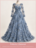 Tul Bordado Con Perlas, Lentejuelas, Mariposas y Flores 3D - HH275 Plumbago · Vestido de inspiración creado con IA