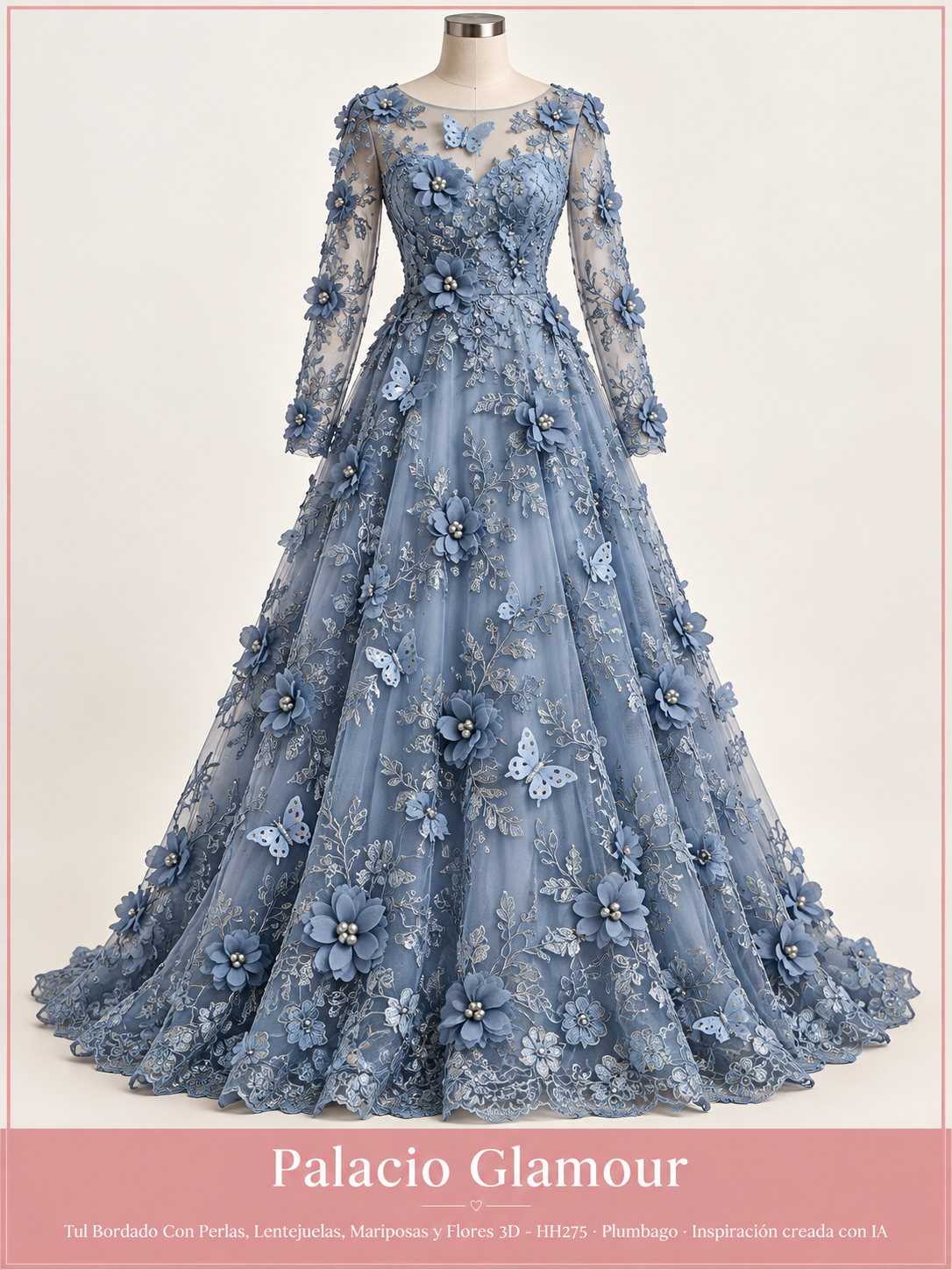 Tul Bordado Con Perlas, Lentejuelas, Mariposas y Flores 3D - HH275 Plumbago · Vestido de inspiración creado con IA