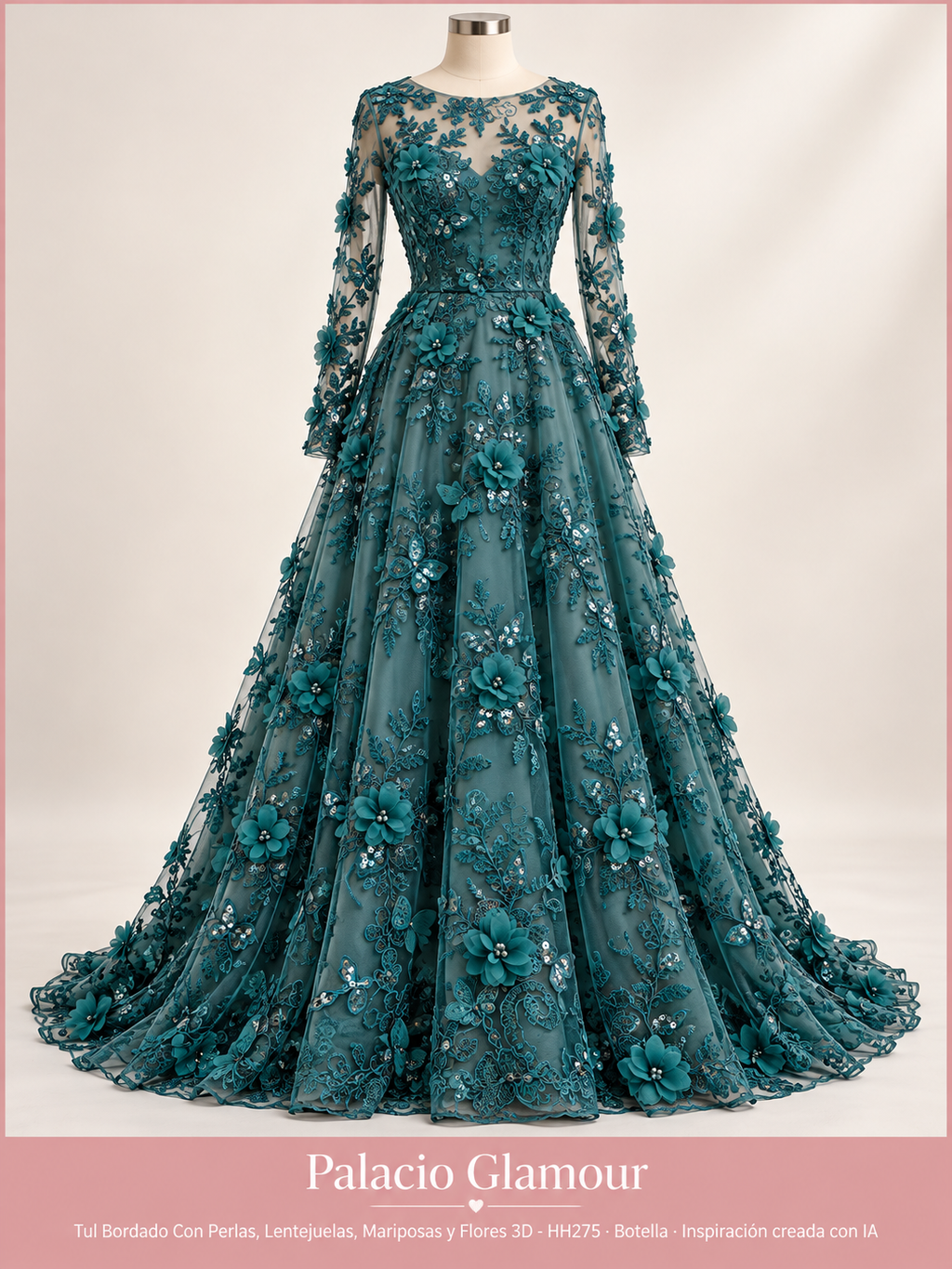 Tul Bordado Con Perlas, Lentejuelas, Mariposas y Flores 3D - HH275 Botella · Vestido de inspiración creado con IA