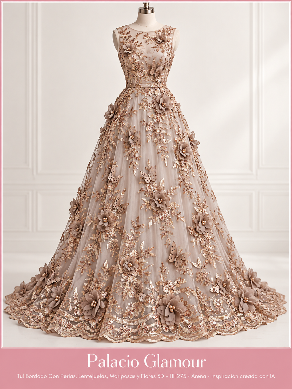 Tul Bordado Con Perlas, Lentejuelas, Mariposas y Flores 3D - HH275 Arena · Vestido de inspiración creado con IA