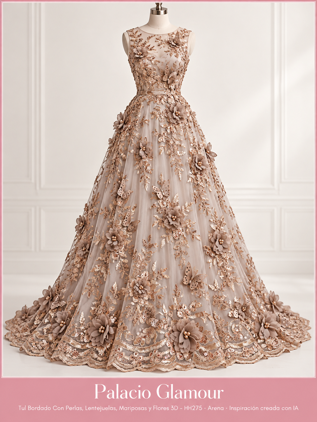 Tul Bordado Con Perlas, Lentejuelas, Mariposas y Flores 3D - HH275 Arena · Vestido de inspiración creado con IA