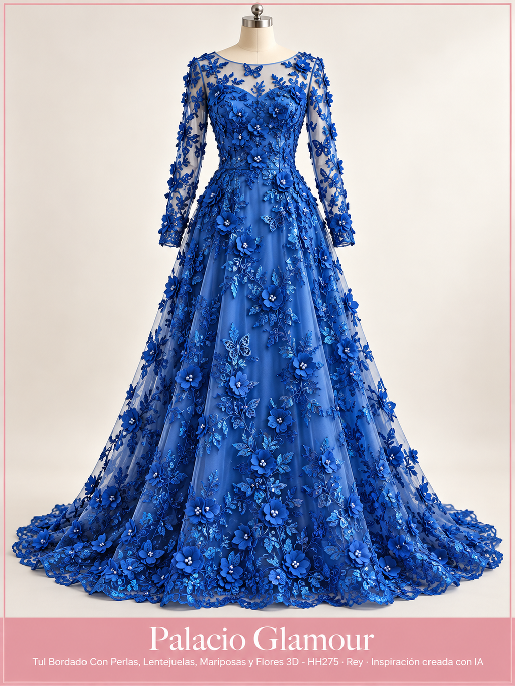 Tul Bordado Con Perlas, Lentejuelas, Mariposas y Flores 3D - HH275 Rey · Vestido de inspiración creado con IA