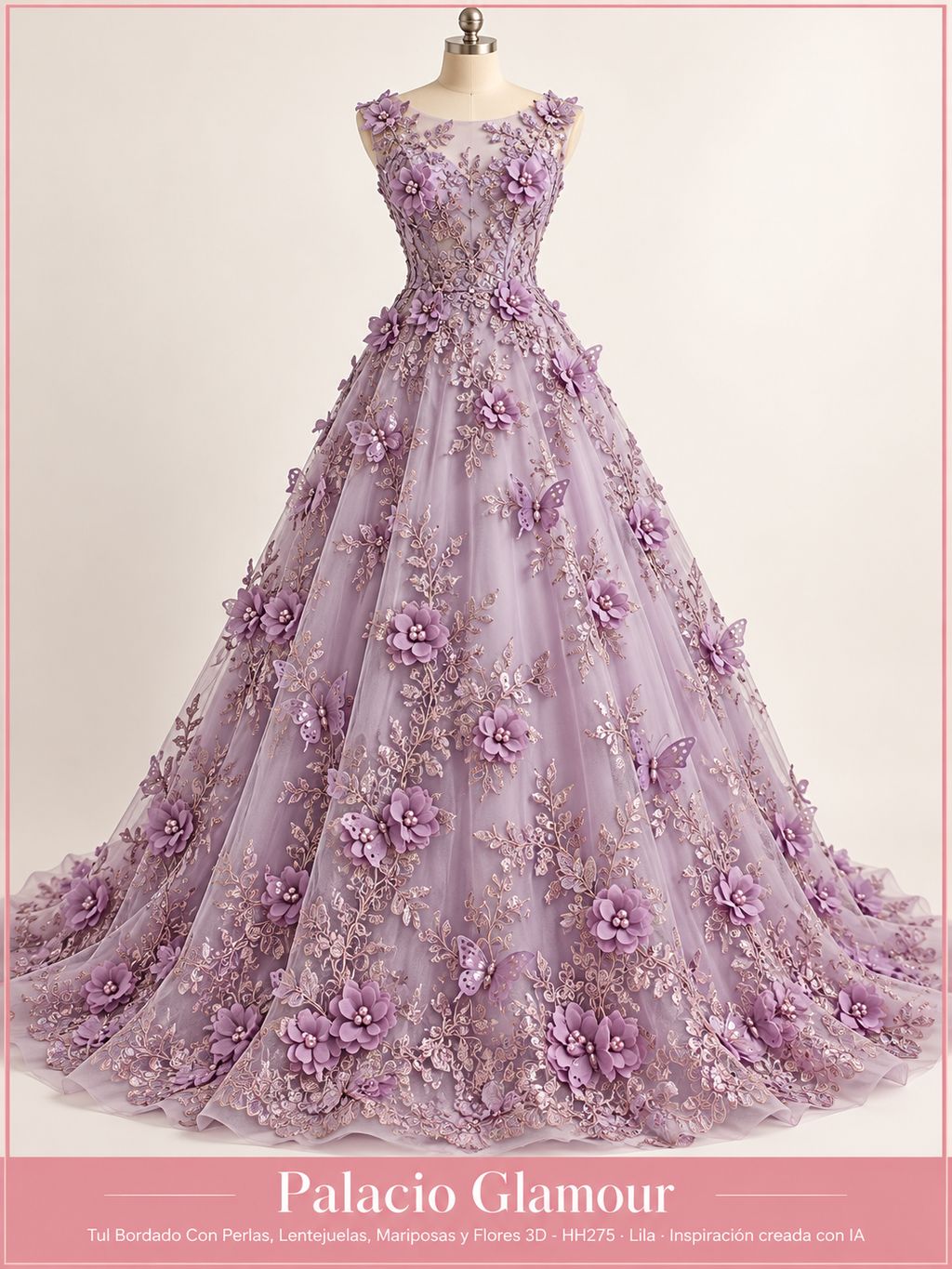 Tul Bordado Con Perlas, Lentejuelas, Mariposas y Flores 3D - HH275 Lila · Vestido de inspiración creado con IA
