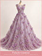 Tul Bordado Con Perlas, Lentejuelas, Mariposas y Flores 3D - HH275 Lila · Vestido de inspiración creado con IA