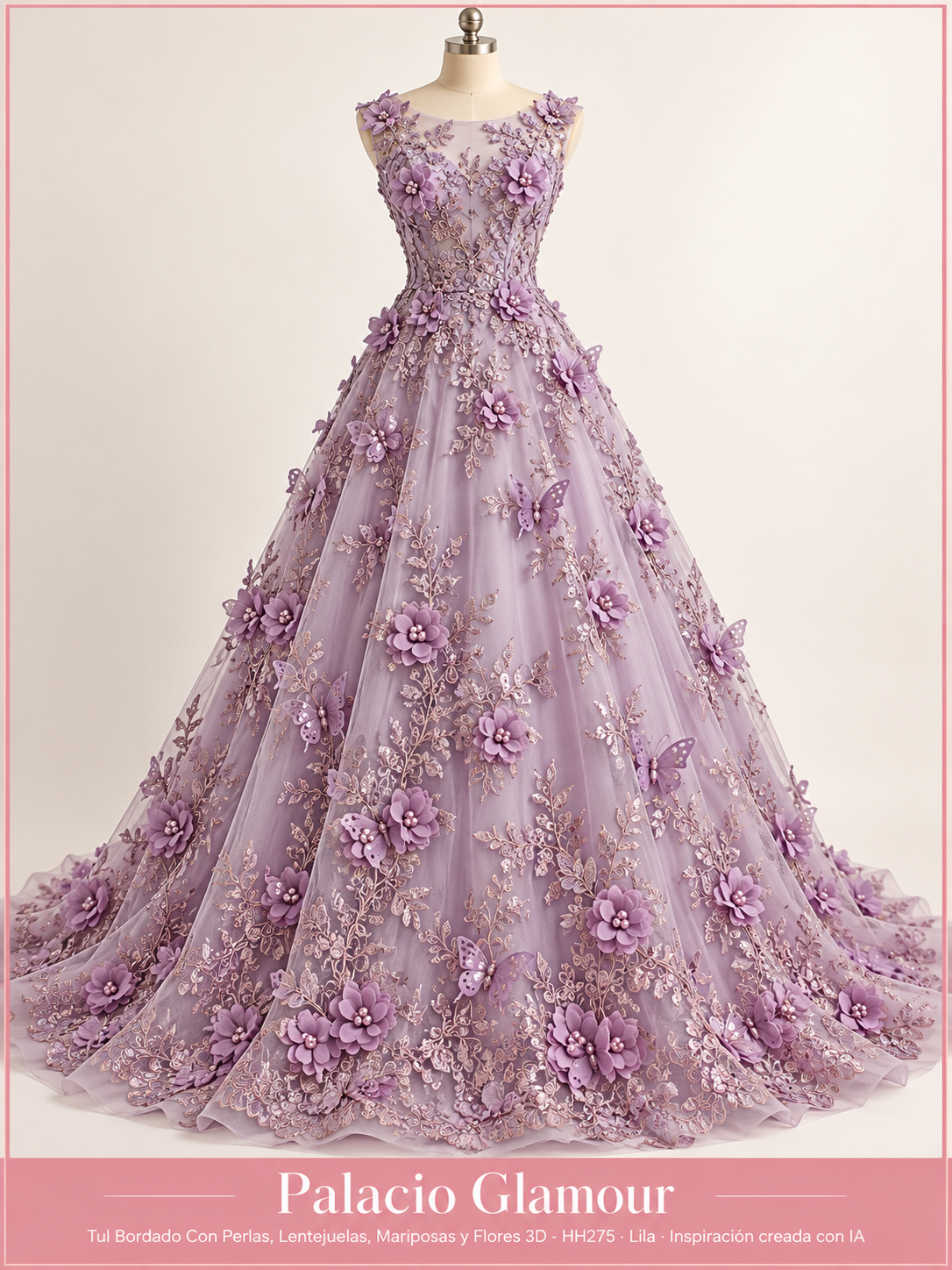 Tul Bordado Con Perlas, Lentejuelas, Mariposas y Flores 3D - HH275 Lila · Vestido de inspiración creado con IA