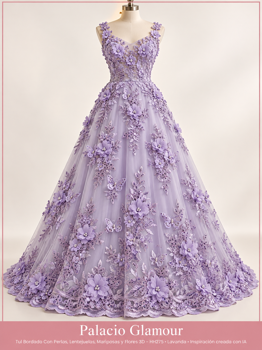 Tul Bordado Con Perlas, Lentejuelas, Mariposas y Flores 3D - HH275 Lavanda · Vestido de inspiración creado con IA