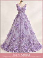 Tul Bordado Con Perlas, Lentejuelas, Mariposas y Flores 3D - HH275 Lavanda · Vestido de inspiración creado con IA