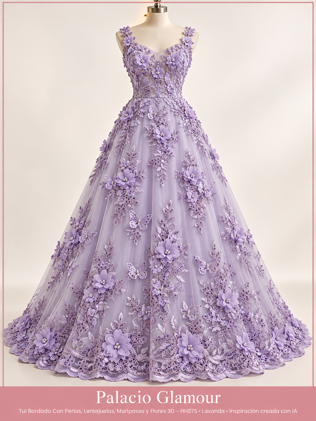 Tul Bordado Con Perlas, Lentejuelas, Mariposas y Flores 3D - HH275 Lavanda · Vestido de inspiración creado con IA