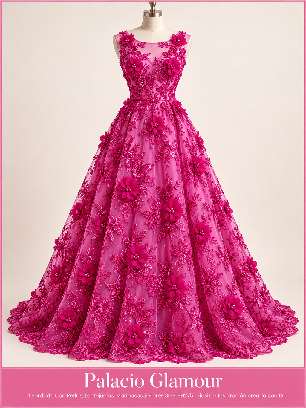 Tul Bordado Con Perlas, Lentejuelas, Mariposas y Flores 3D - HH275 Fiusha · Vestido de inspiración creado con IA