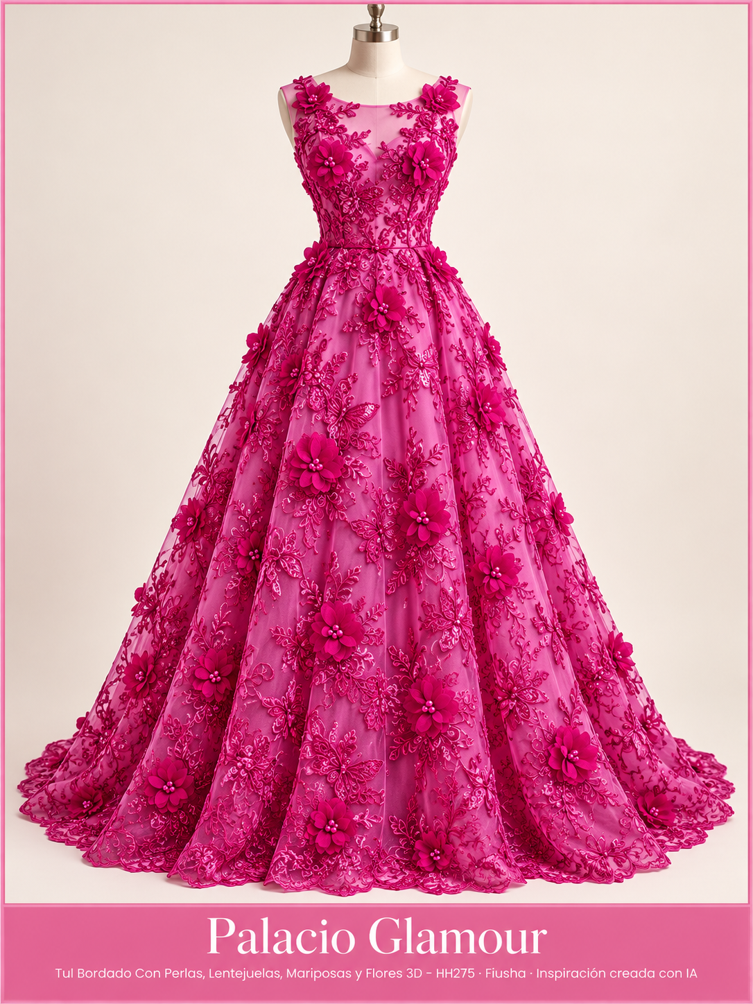 Tul Bordado Con Perlas, Lentejuelas, Mariposas y Flores 3D - HH275 Fiusha · Vestido de inspiración creado con IA