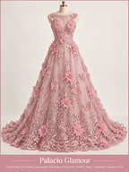 Tul Bordado Con Perlas, Lentejuelas, Mariposas y Flores 3D - HH275 Rosa · Vestido de inspiración creado con IA