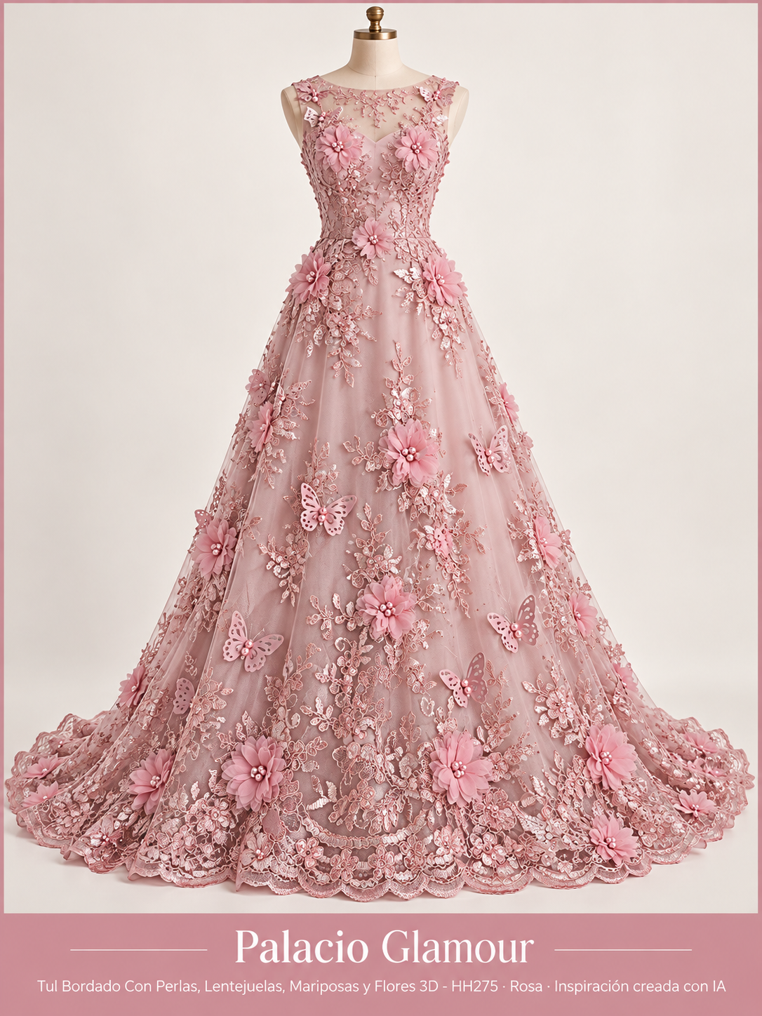 Tul Bordado Con Perlas, Lentejuelas, Mariposas y Flores 3D - HH275 Rosa · Vestido de inspiración creado con IA