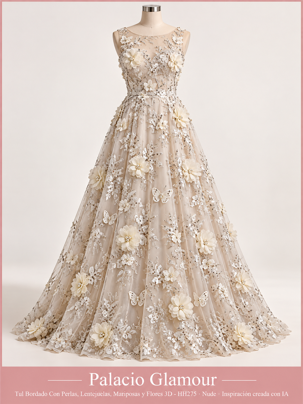 Tul Bordado Con Perlas, Lentejuelas, Mariposas y Flores 3D - HH275 Nude · Vestido de inspiración creado con IA