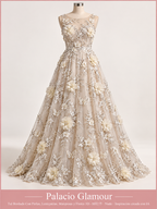Tul Bordado Con Perlas, Lentejuelas, Mariposas y Flores 3D - HH275 Nude · Vestido de inspiración creado con IA