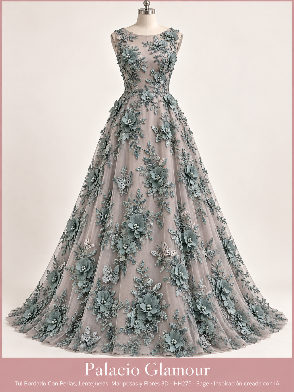 Tul Bordado Con Perlas, Lentejuelas, Mariposas y Flores 3D - HH275 Sage · Vestido de inspiración creado con IA