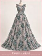 Tul Bordado Con Perlas, Lentejuelas, Mariposas y Flores 3D - HH275 Sage · Vestido de inspiración creado con IA