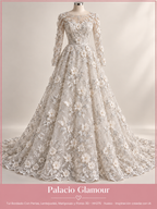 Tul Bordado Con Perlas, Lentejuelas, Mariposas y Flores 3D - HH275 hueso · Vestido de inspiración creado con IA