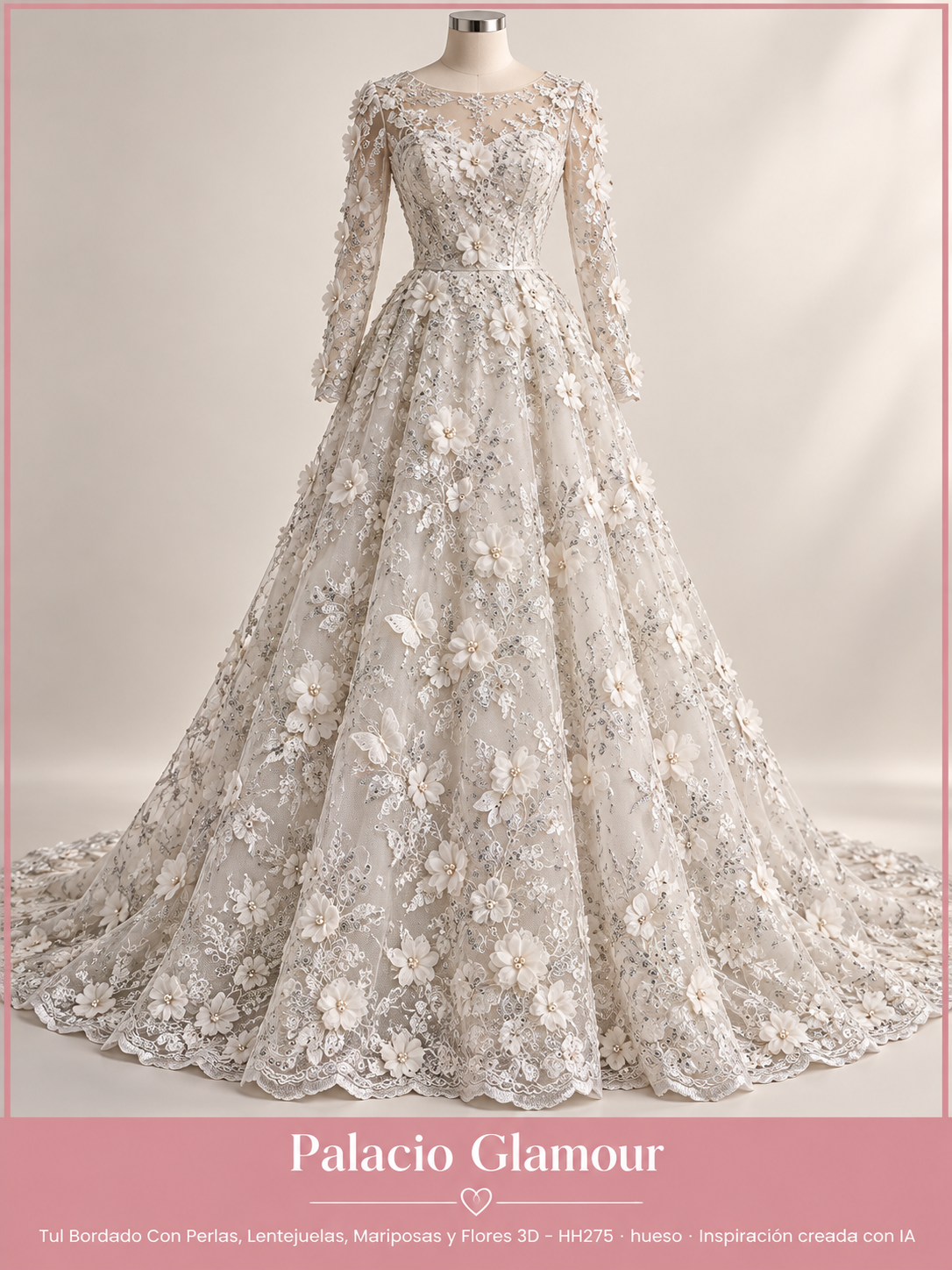Tul Bordado Con Perlas, Lentejuelas, Mariposas y Flores 3D - HH275 hueso · Vestido de inspiración creado con IA