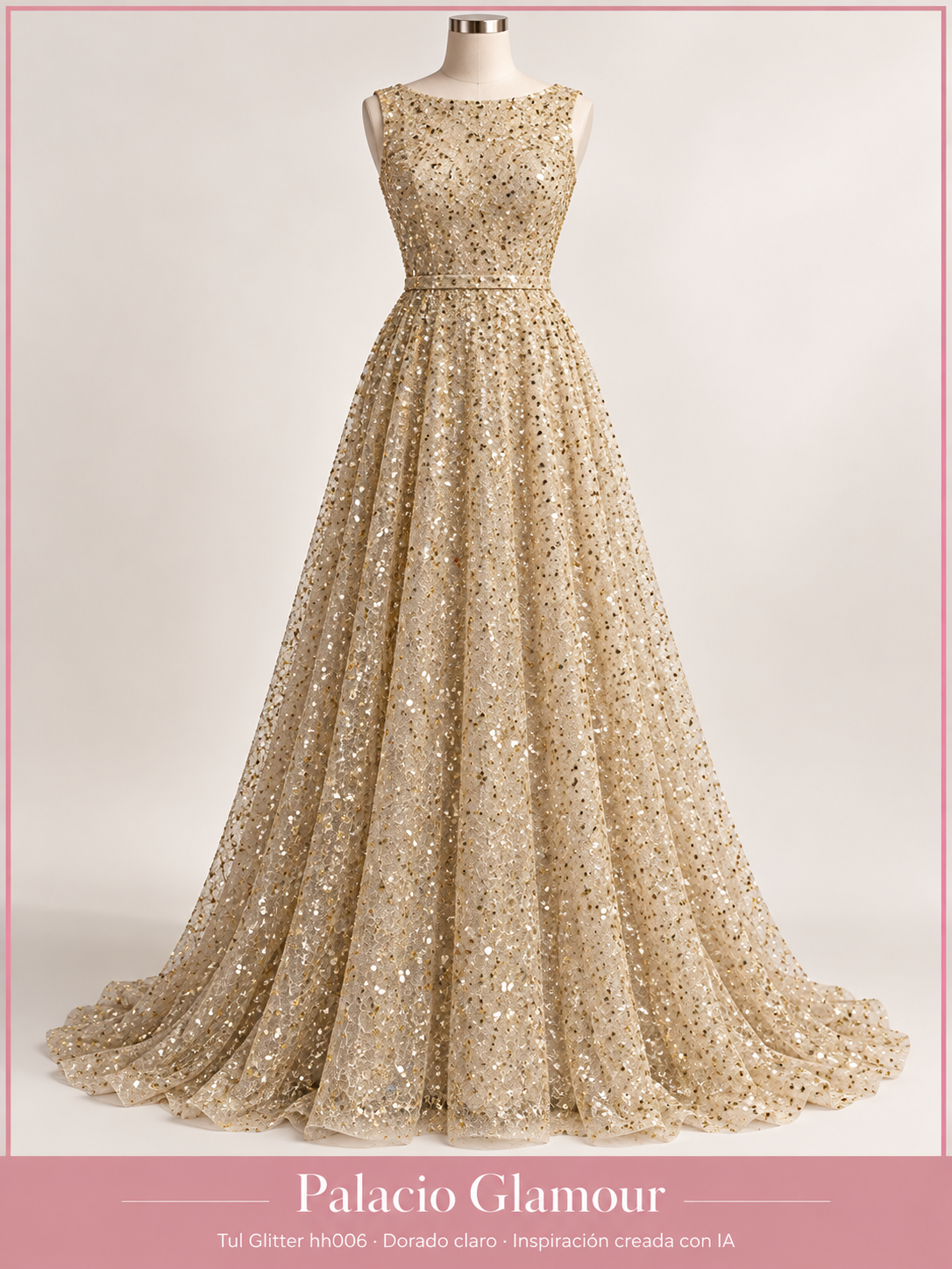 Tul Glitter hh006 Dorado claro · Vestido de inspiración creado con IA