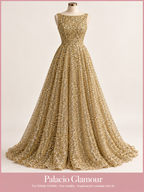 Tul Glitter hh006 Oro medio · Vestido de inspiración creado con IA