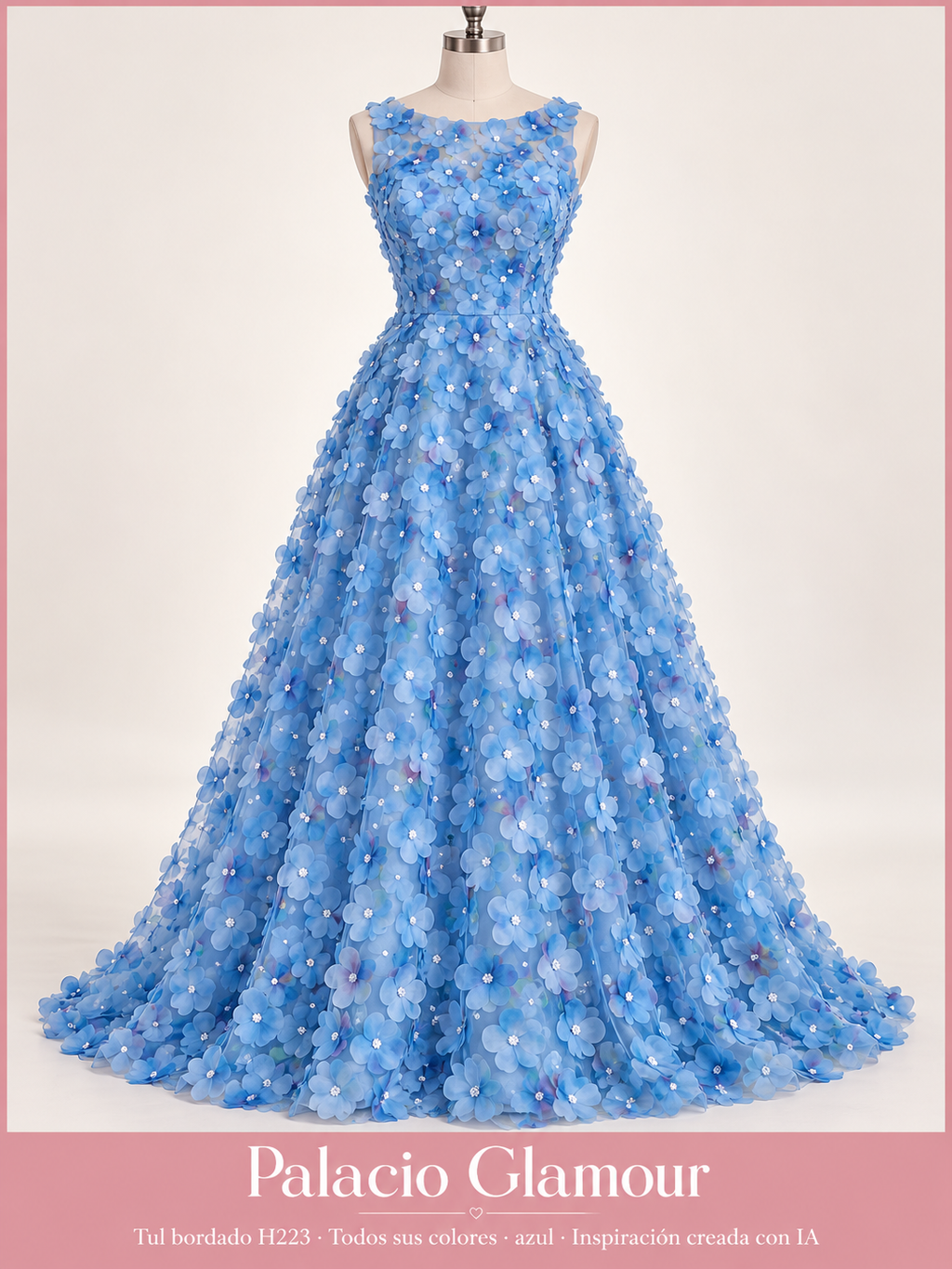 Tul bordado H223 · Todos sus colores azul · Vestido de inspiración creado con IA