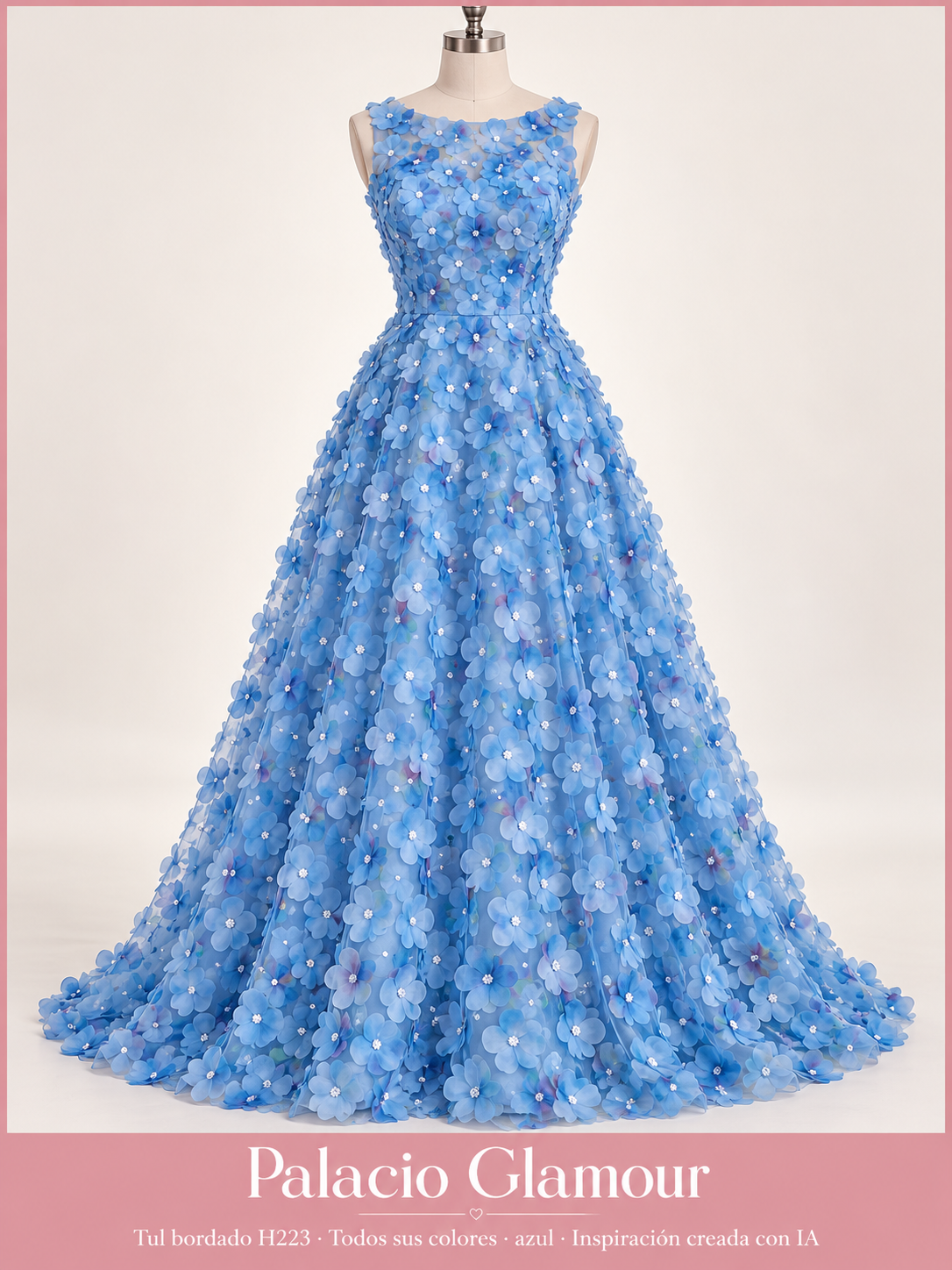 Tul bordado H223 · Todos sus colores azul · Vestido de inspiración creado con IA