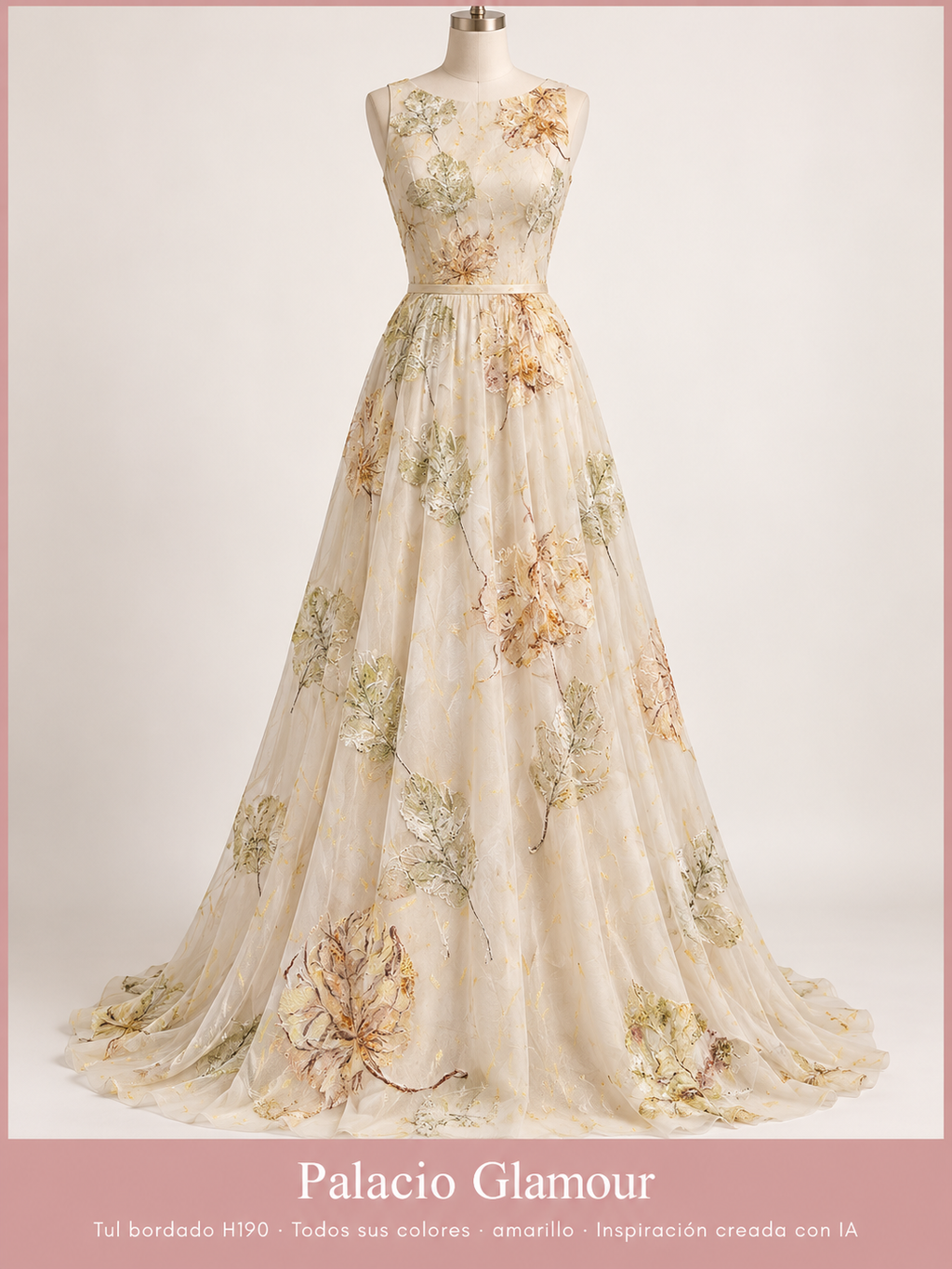 Tul bordado H190 · Todos sus colores amarillo · Vestido de inspiración creado con IA
