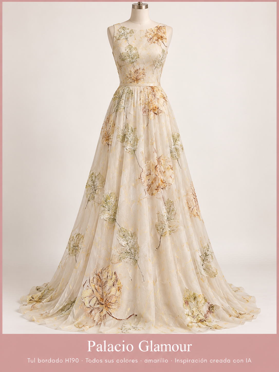 Tul bordado H190 · Todos sus colores amarillo · Vestido de inspiración creado con IA