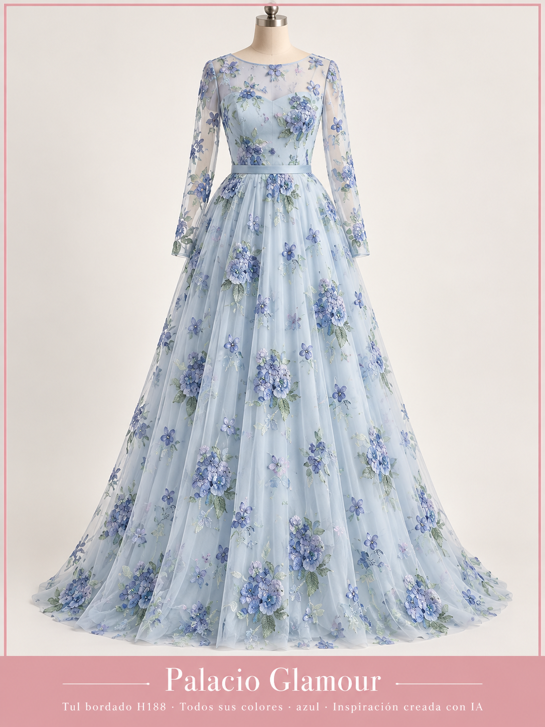 Tul bordado H188 · Todos sus colores azul · Vestido de inspiración creado con IA