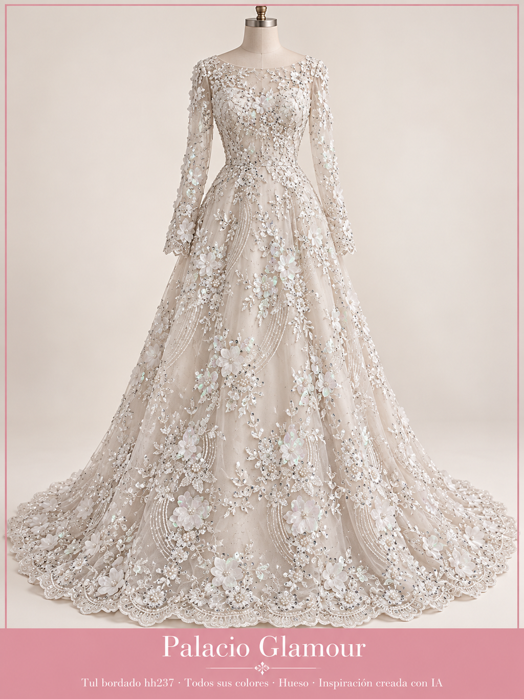 Tul bordado hh237 · Todos sus colores Hueso · Vestido de inspiración creado con IA