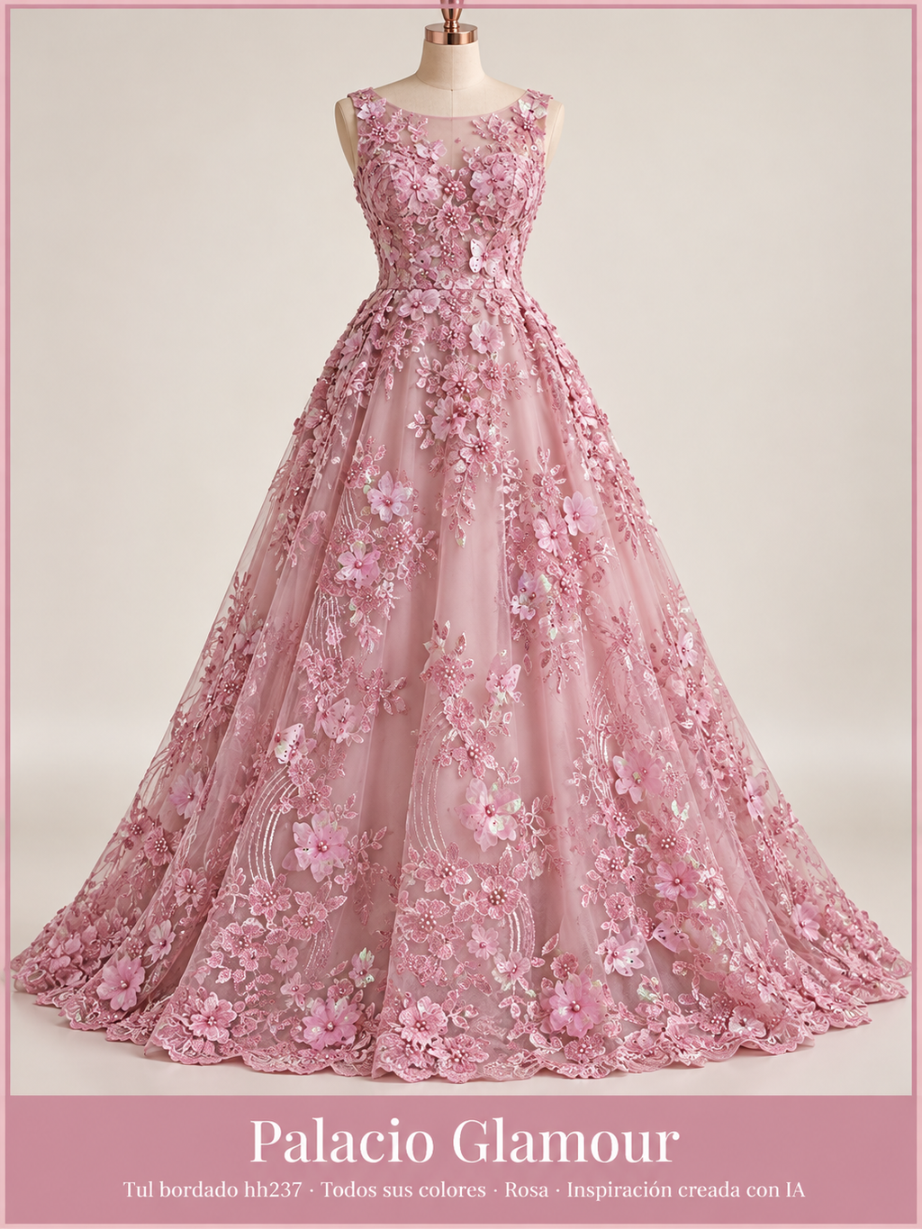 Tul bordado hh237 · Todos sus colores Rosa · Vestido de inspiración creado con IA