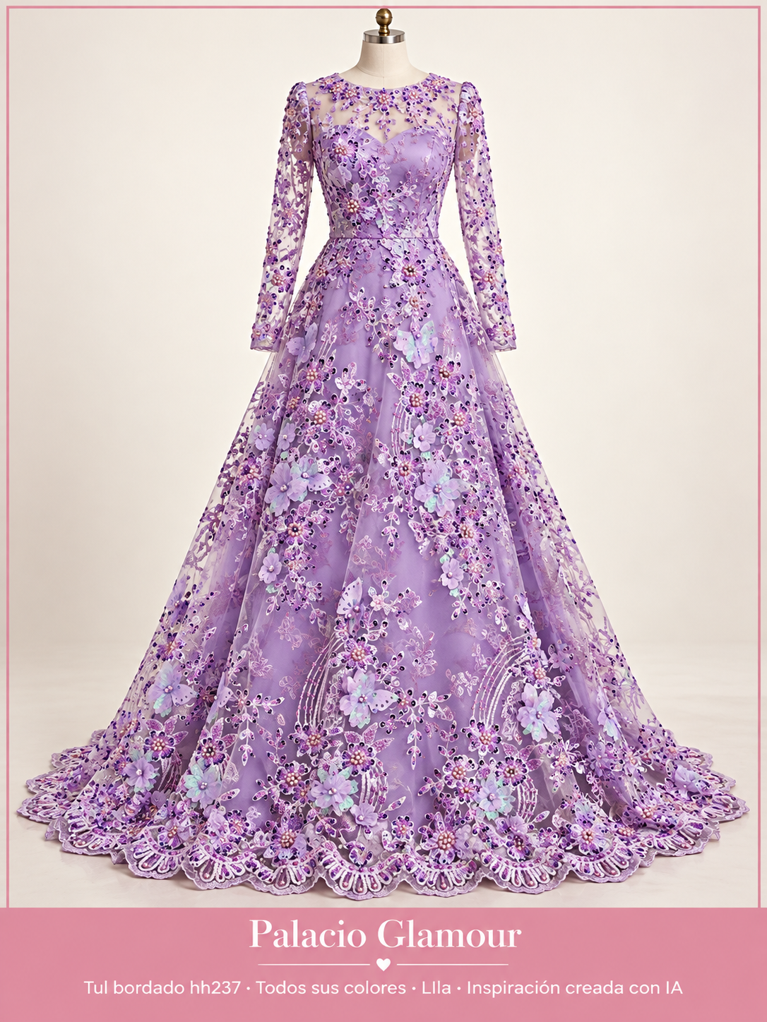Tul bordado hh237 · Todos sus colores LIla · Vestido de inspiración creado con IA