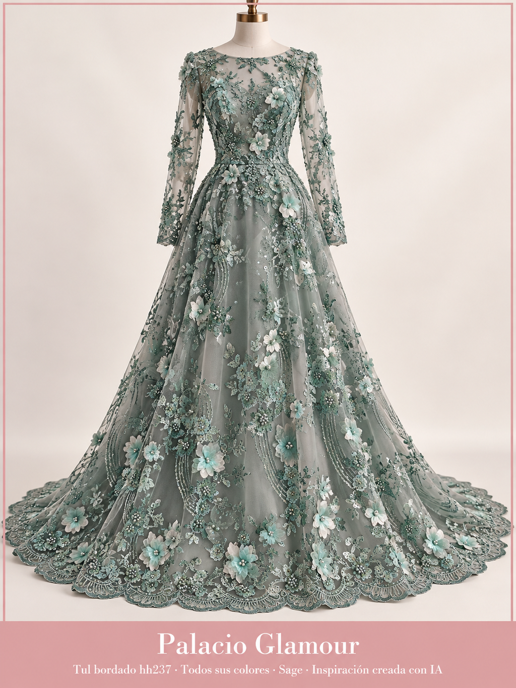 Tul bordado hh237 · Todos sus colores Sage · Vestido de inspiración creado con IA