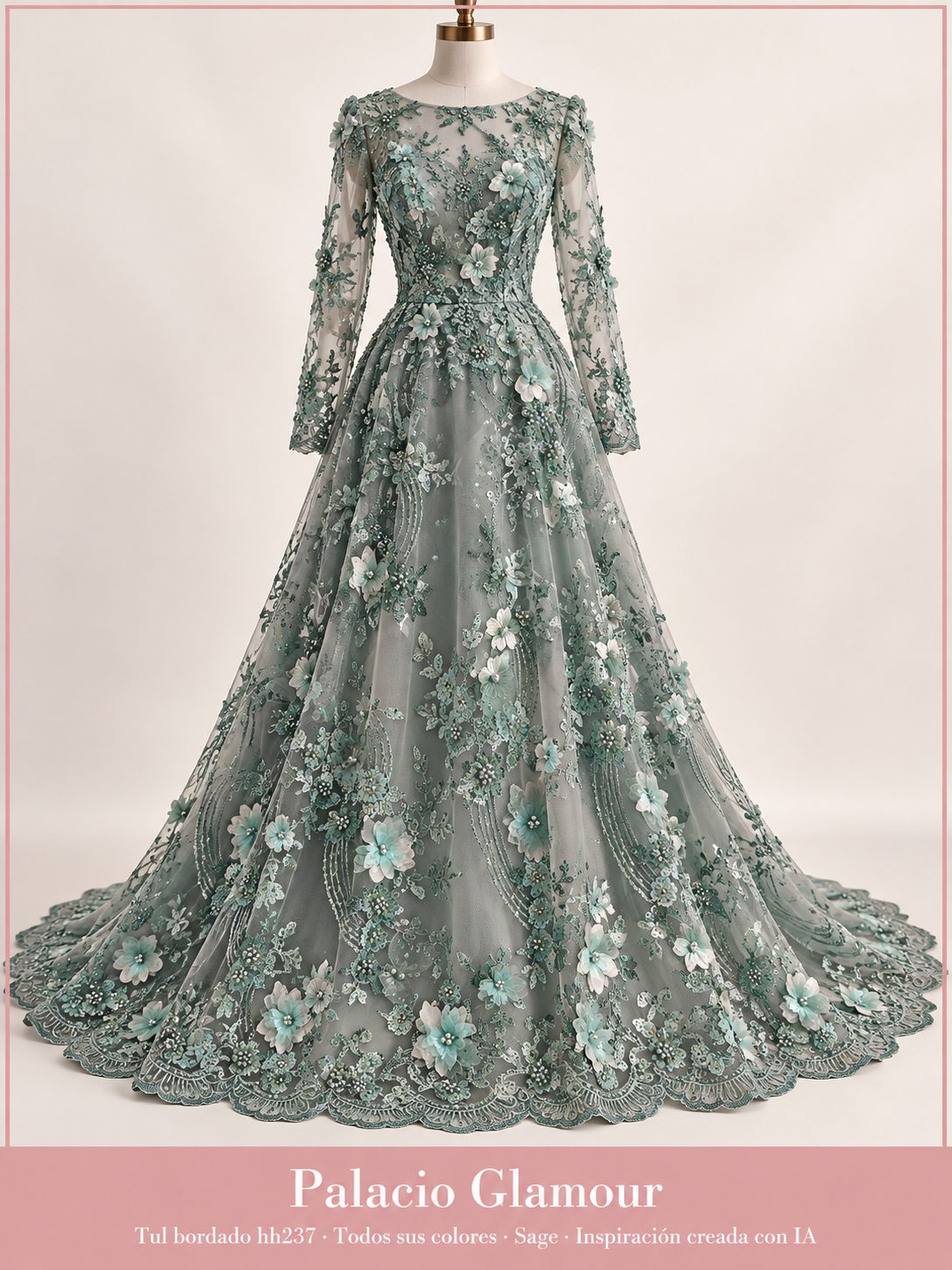 Tul bordado hh237 · Todos sus colores Sage · Vestido de inspiración creado con IA