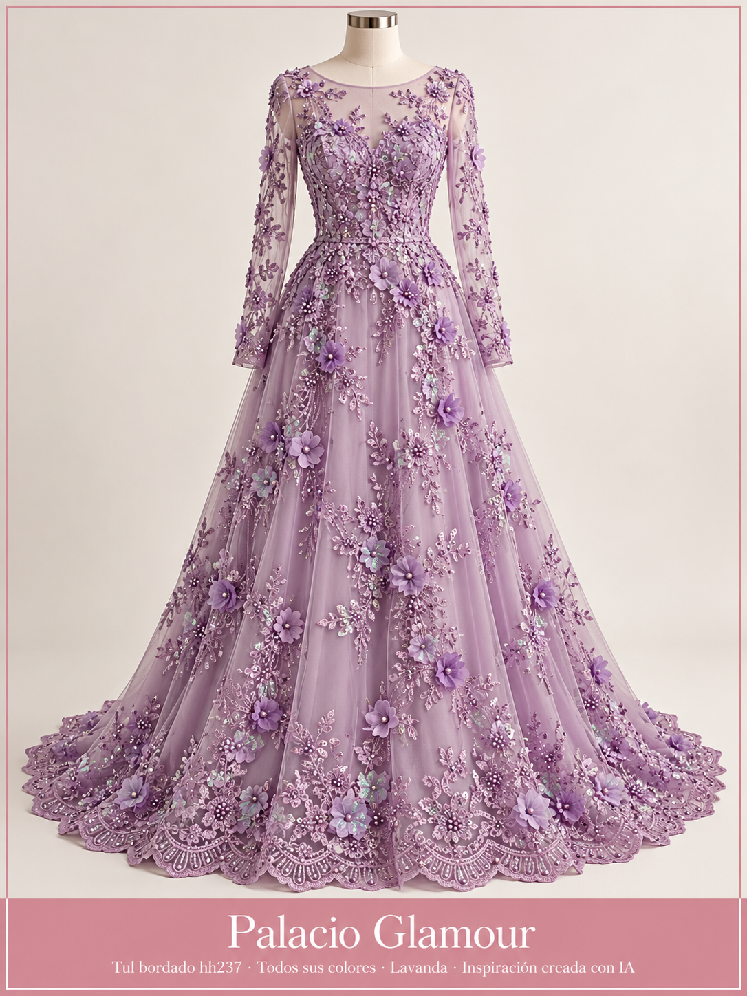 Tul bordado hh237 · Todos sus colores Lavanda · Vestido de inspiración creado con IA