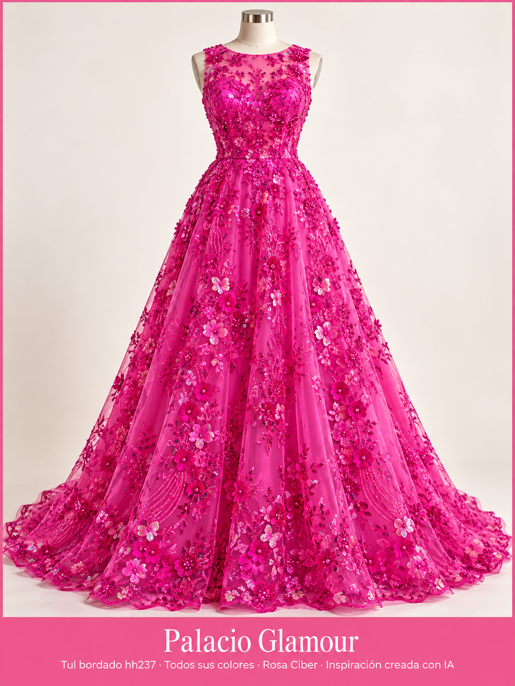 Tul bordado hh237 · Todos sus colores Rosa Ciber · Vestido de inspiración creado con IA
