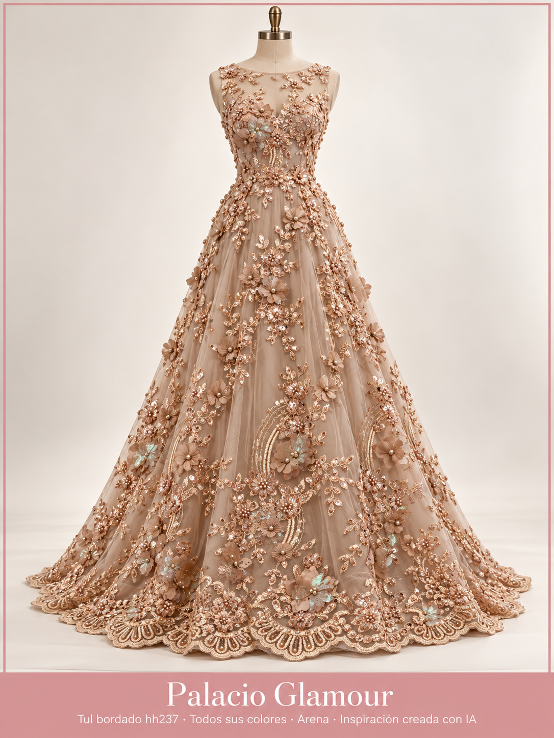 Tul bordado hh237 · Todos sus colores Arena · Vestido de inspiración creado con IA