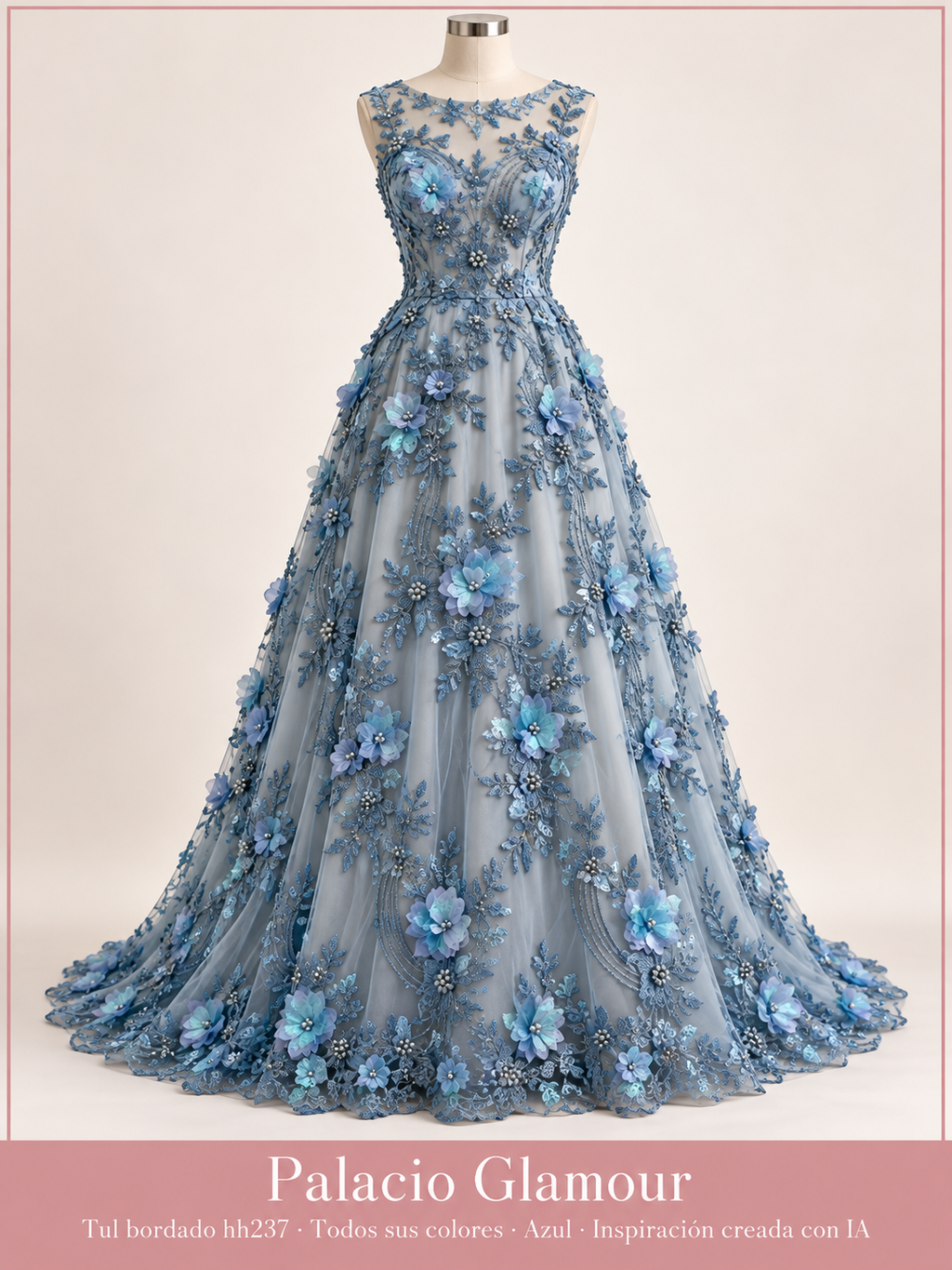 Tul bordado hh237 · Todos sus colores Azul · Vestido de inspiración creado con IA