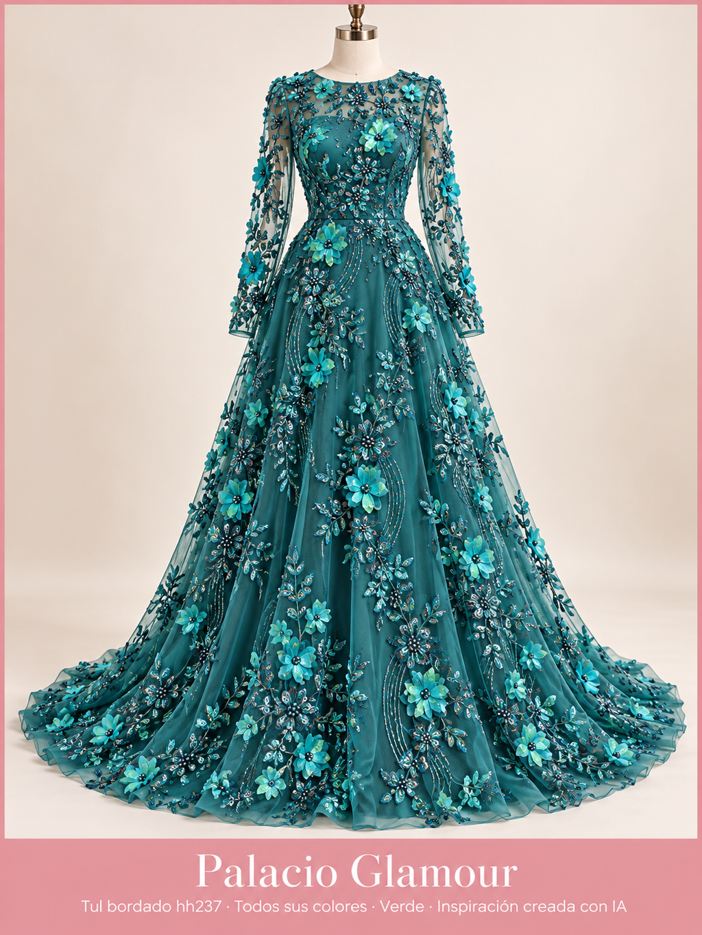 Tul bordado hh237 · Todos sus colores Verde · Vestido de inspiración creado con IA