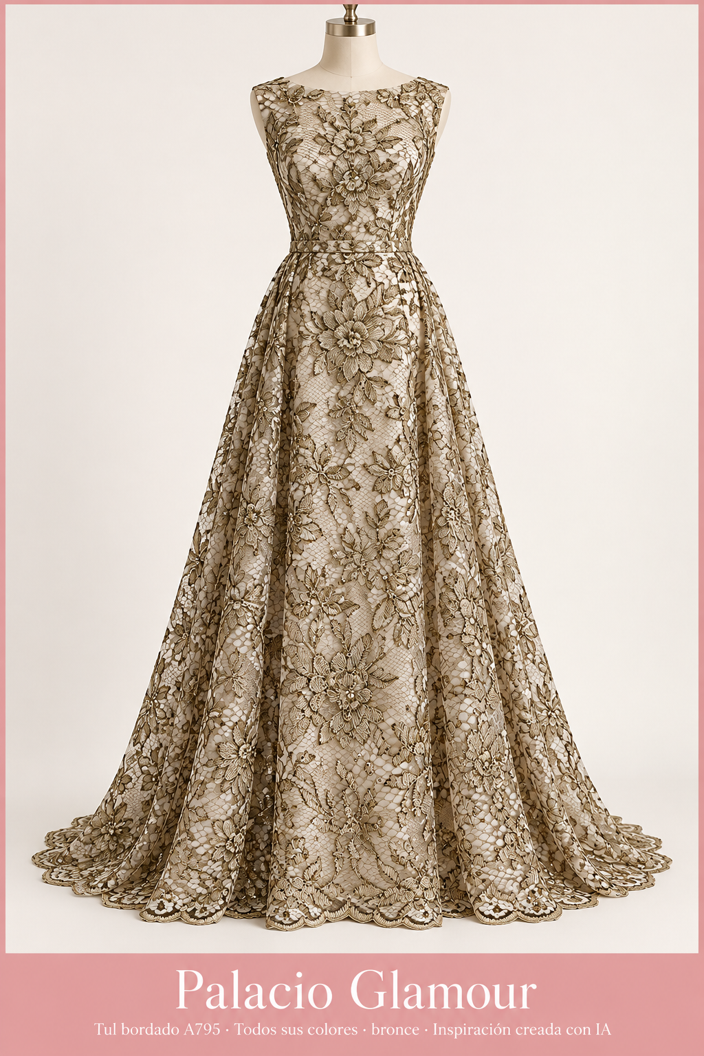 Tul bordado A795 · Todos sus colores bronce · Vestido de inspiración creado con IA