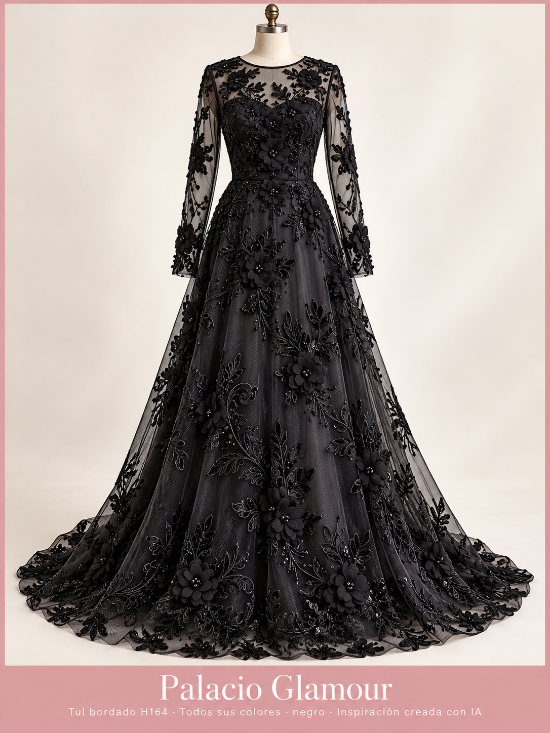 Tul bordado H164 · Todos sus colores negro · Vestido de inspiración creado con IA
