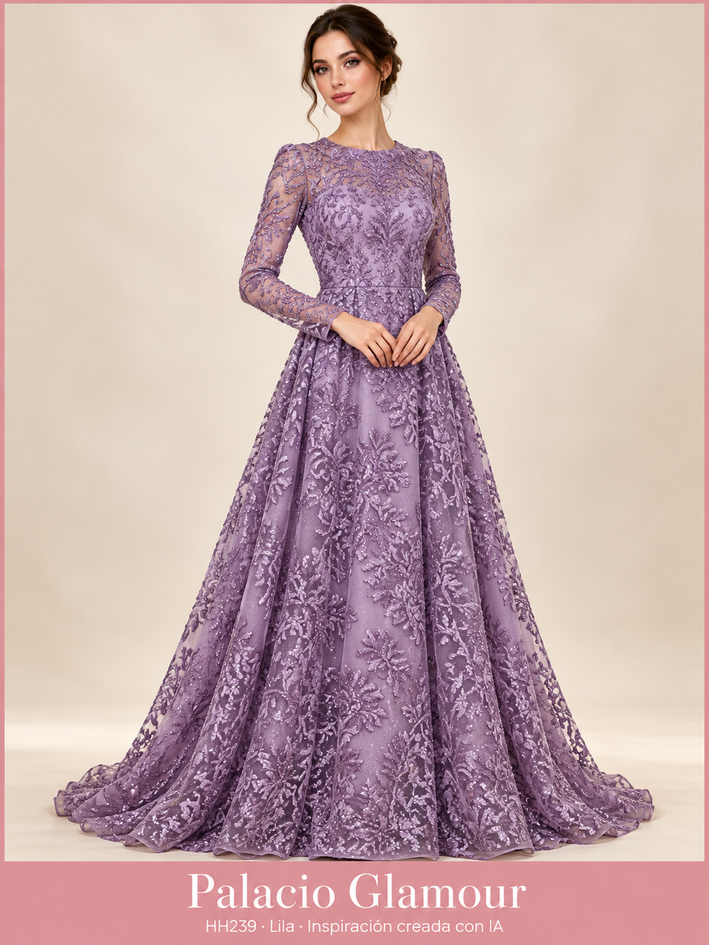 Tul bordado HH239 · Todos sus colores · Lila · Vestido de inspiración creado con IA a partir de la tela