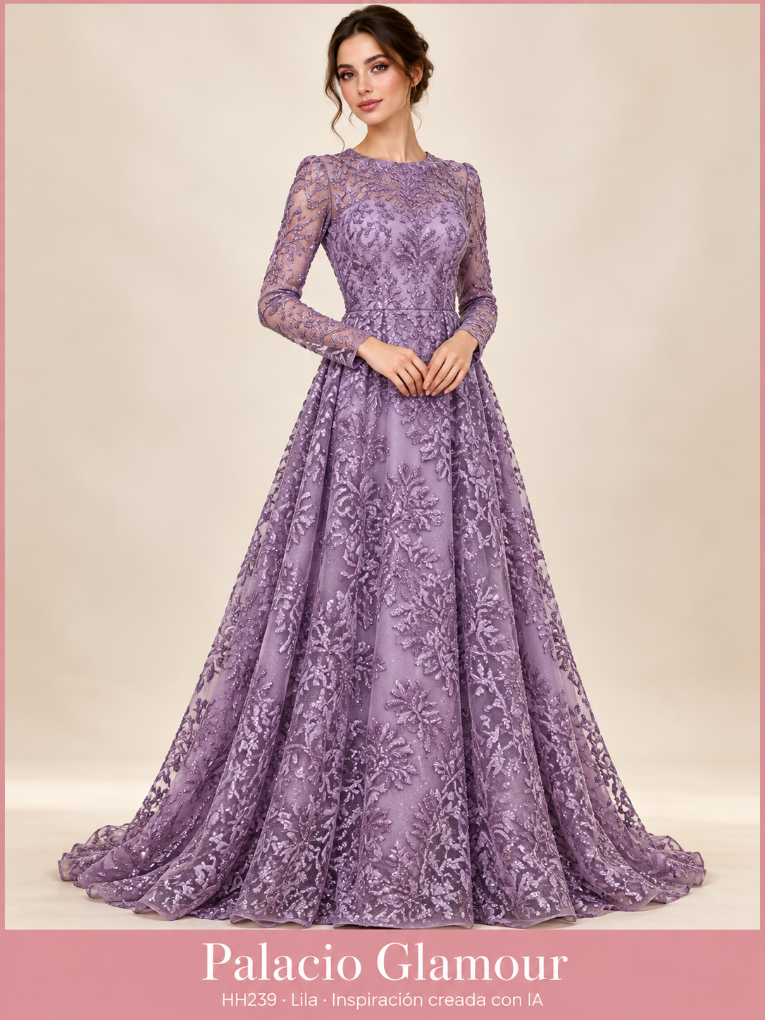 Tul bordado HH239 · Todos sus colores · Lila · Vestido de inspiración creado con IA a partir de la tela