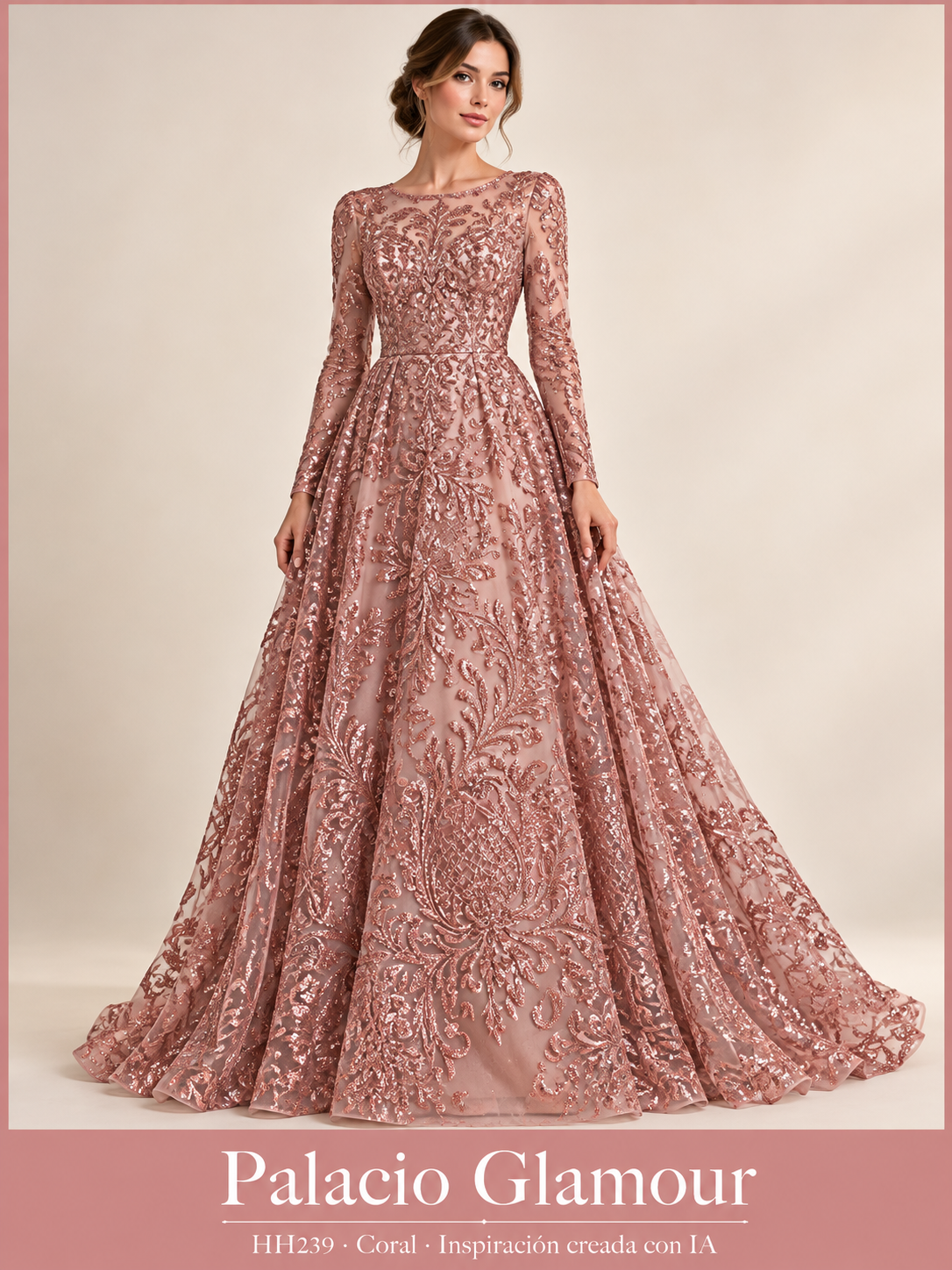 Tul bordado HH239 · Todos sus colores · Coral · Vestido de inspiración creado con IA a partir de la tela